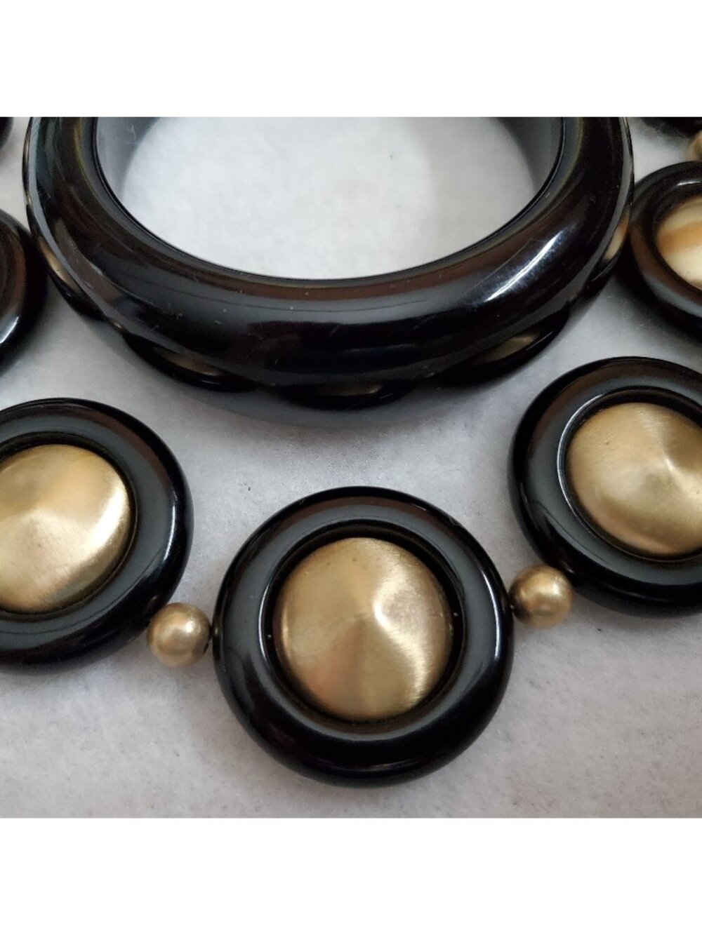 Vintage Beaded Necklace Bangle Bracelet Black Acrylic Gold Tone Geometric 8" 18"
